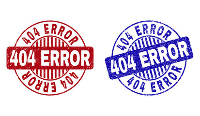 Grunge 404 ERROR round stamp seals isolated on a white background. Round seals with grunge texture in red and blue colors. Vector rubber imitation of 404 ERROR title inside circle form with stripes.