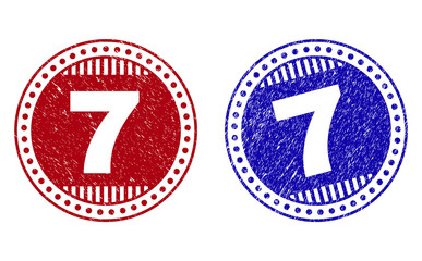 Grunge 7 round stamp seals isolated on a white background. Round seals with grunge texture in red and blue colors. Vector rubber imitation of 7 text inside circle form with stripes.