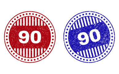 Grunge 90 round stamp seals isolated on a white background. Round seals with grunge texture in red and blue colors. Vector rubber imprint of 90 title inside circle form with stripes.
