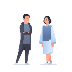 young asian couple wearing casual clothes happy man woman discussing together chinese or japanese female male cartoon characters full length flat white background