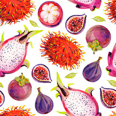 Gouache seamless pattern with exotic fruits. Pattern 4. Hand-drawn clipart for art work and weddind design.