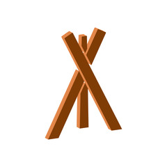 Three crossed wooden sticks isometric icon.Vector illustration.