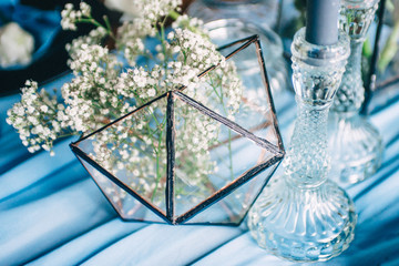 These photos show a wedding decor, a festive table setting. Table setting newlyweds. Wine glasses, glasses, wedding cake.