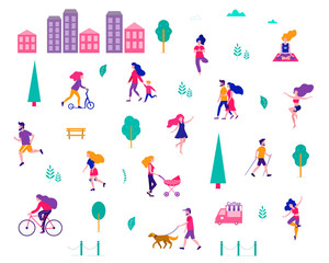 Different activities of people in the summer city. People in the park. Vector flat illustration. - 261722929