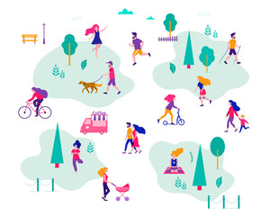 Fototapeta premium Different activities of people in the summer city. People in the park. Vector flat illustration.