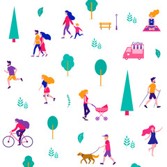 Fototapeta na wymiar Different activities of people in the summer city. People in the park. Vector flat illustration.
