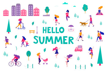 Different activities of people in the summer city. People in the park. Vector flat illustration.