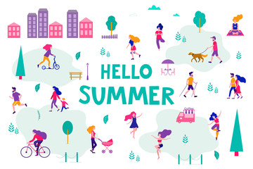 Different activities of people in the summer city. People in the park. Vector flat illustration.