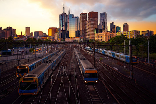 Melbourne train staation with Melbourne city background