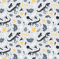 Dinosaur skeleton and fossils. Vector seamless pattern. Original design with t-rex, dinosaur bones, stones, traces, plants and eggs. Print for T-shirts, textiles, web. Grey background.
