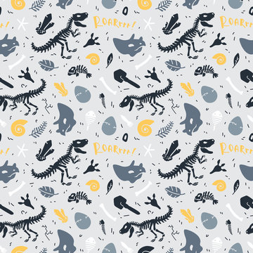 Dinosaur skeleton and fossils. Vector seamless pattern. Original design with t-rex, dinosaur bones, stones, traces, plants and eggs. Print for T-shirts, textiles, web. Grey background.