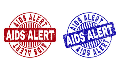Grunge AIDS ALERT round stamp seals isolated on a white background. Round seals with grunge texture in red and blue colors. Vector rubber watermark of AIDS ALERT label inside circle form with stripes.