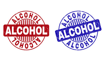 Grunge ALCOHOL round stamp seals isolated on a white background. Round seals with grunge texture in red and blue colors. Vector rubber imitation of ALCOHOL caption inside circle form with stripes.