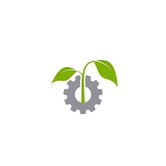 Mechanical gear and three green leaves. Isolated on white background. Eco friendly technology icon.