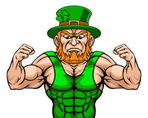 A tough leprechaun sports mascot cartoon character with fists up