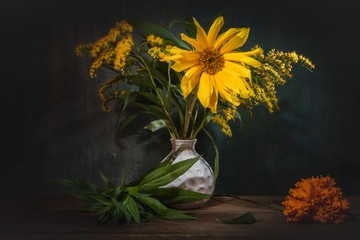 Fototapeta na wymiar Flower bouquet- still life decorative. Table aged- floral art