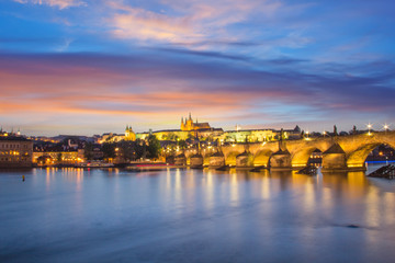 Beautiful view of St. Vitus Cathedral, Charles Bridge and Mala Strana on the banks of the Vltava in Prague, Czech Republic