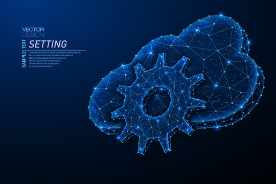 Abstract polygonal light design of cloud storage with gear cog sign.