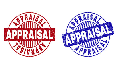 Grunge APPRAISAL round stamp seals isolated on a white background. Round seals with grunge texture in red and blue colors. Vector rubber imitation of APPRAISAL title inside circle form with stripes.