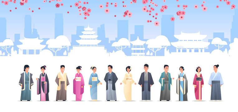 asian people grroup in traditional clothes men women wearing ancient costumes standing together chinese or japanese characters over pagoda buildings landscape background full length horizontal