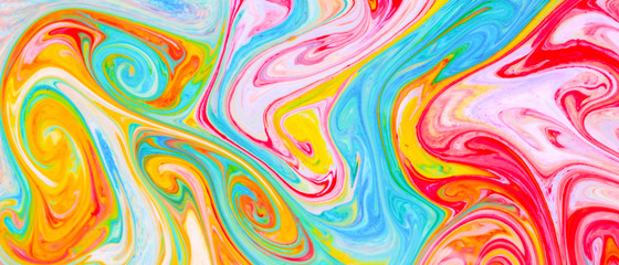 Fototapeta premium Fluid art with different colors. Screen saver. Multicolored background from paints on liquid. Bright pattern on liquid. Colored paint stains in pop art style