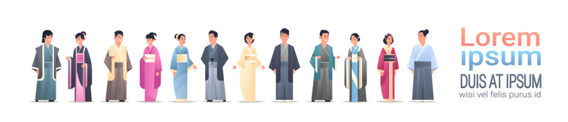set asian men women wearing traditional clothes people in national ancient costumes standing pose chinese or japanese male female cartoon characters full length flat horizontal copy space - obrazy, fototapety, plakaty