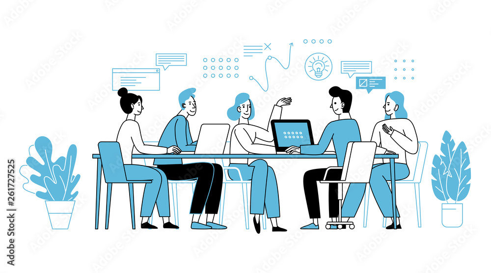 Poster Vector illustration in simple flat linear style with smiling cartoon characters - teamwork and cooperation concept