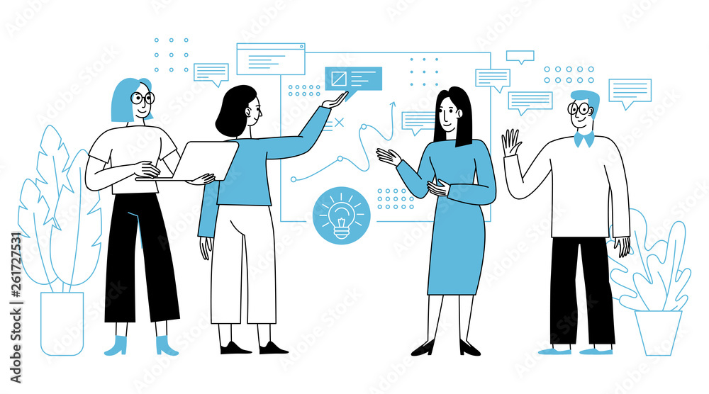 Poster Vector illustration in simple flat linear style with smiling cartoon characters - teamwork and cooperation concept