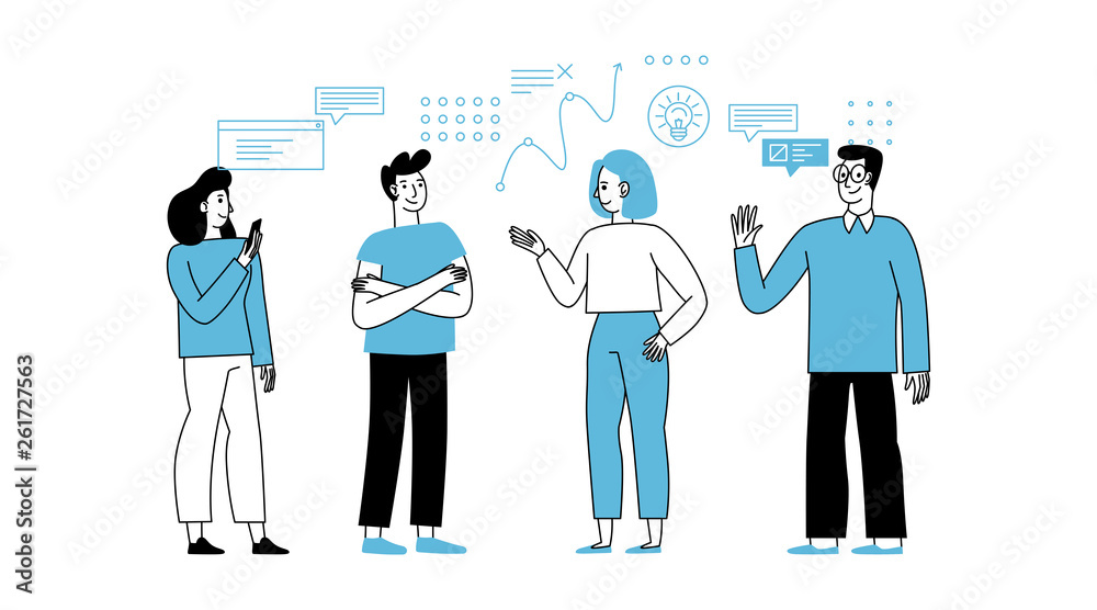 Poster Vector illustration in simple flat linear style with smiling cartoon characters - teamwork and cooperation concept