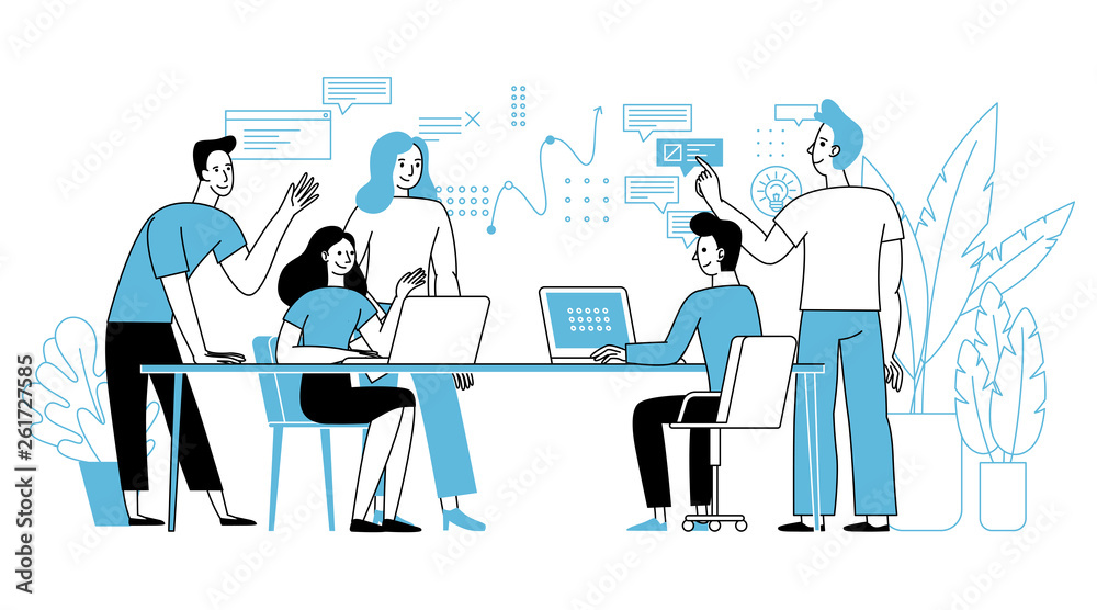 Poster Vector illustration in simple flat linear style with smiling cartoon characters - teamwork and cooperation concept -