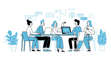 Vector illustration in simple flat linear style with smiling cartoon characters - teamwork and cooperation concept