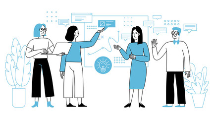 Vector illustration in simple flat linear style with smiling cartoon characters - teamwork and cooperation concept