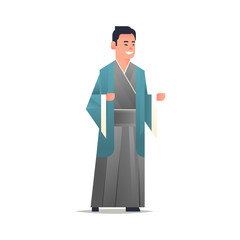 asian guy wearing traditional clothes smiling man in national ancient costume standing pose chinese or japanese male cartoon character full length flat white background