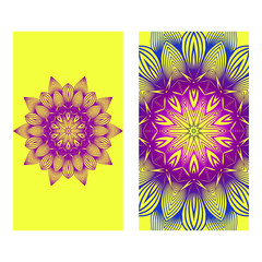 Yoga Card Template With Mandala Pattern. For Business Card, Meditation Class. Vector Illustration. Yellow purple color