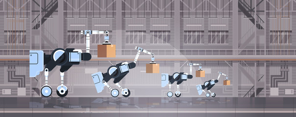 Obraz premium robotic workers loading cardboard boxes hi-tech smart factory warehouse interior logistics automation technology concept modern robots cartoon characters flat horizontal