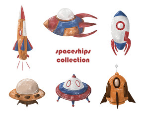 Spaceships. Collection of space ships on a white isolated background. Hand-drawn illustration