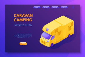 Caravan camping color vector landing page template