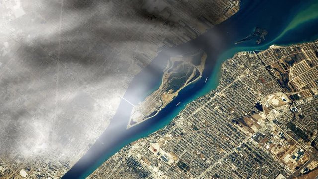Aerial satellite view of urban background city of Detroit Belle isle and river, Usa Canada border, coulds animation. Contains public domain image by Nasa
