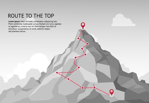 Mountain route infographic. Journey challenge path business goal career growth success climbing mission. Mountains path steps vector concept