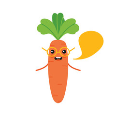 Cute smart carrot character in glasses with speech bubble, talking, giving advice or information. 