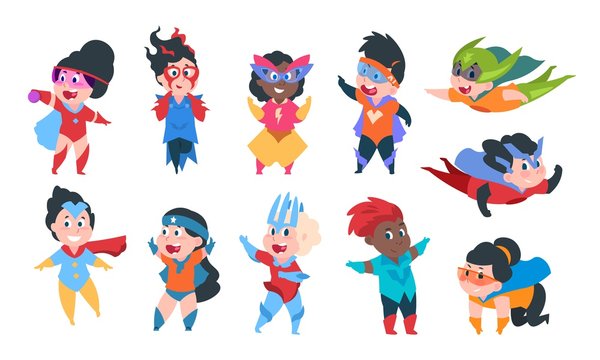 Superhero kids. Cartoon boys and girls characters in superhero comic costumes, cute children playing. Vector happy kids isolated on white