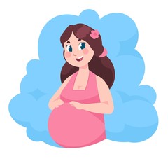 Cartoon pregnant woman. Young mom with baby flat illustration, happy motherhood and childbirth. Vector body girl with baby bump