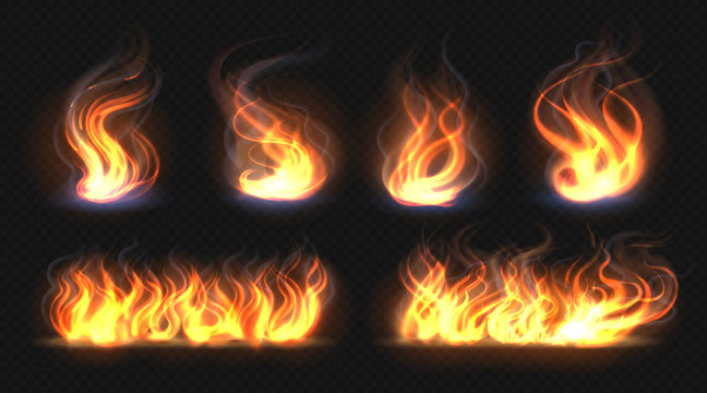 Fire flame effect. Realistic burning line on black background, transparent hot orange light effects. Vector isolated candlelight fire collection