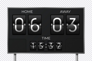 Black retro scoreboard. Stadium soccer countdown clock, goal sport result, electronic time panel. Vector timer score and time panel