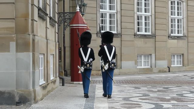 COPENHAGEN, DENMARK - MARCH 2019: Guard of honor at the Royal Palace Amalienborg.