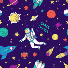 Seamless doodle space pattern. Trendy cute kids hand drawn graphic astronomy elements. Vector rocket star planet space wallpapers set