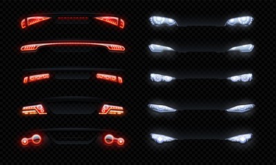 Realistic car headlights. Front and rare led automobile lights with different shapes, red tail glowing light effect. Vector auto bumpers lamp 3D set