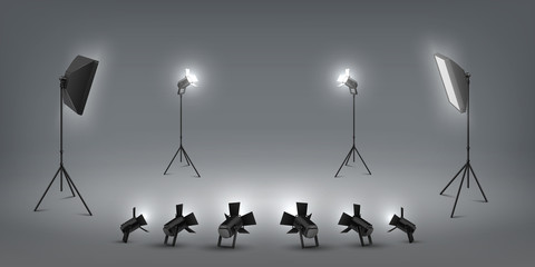 Realistic spotlight. Studio light effects, floodlights and softbox, photo studio and stage light. Vector set of concert vivid lamp light