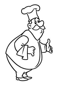Character fat chef cook culinary cartoon illustration isolated image hand gesture welcome coloring page