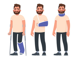 Set of sad character man with injuries. Fracture or dislocation of the leg, arm, neck damage